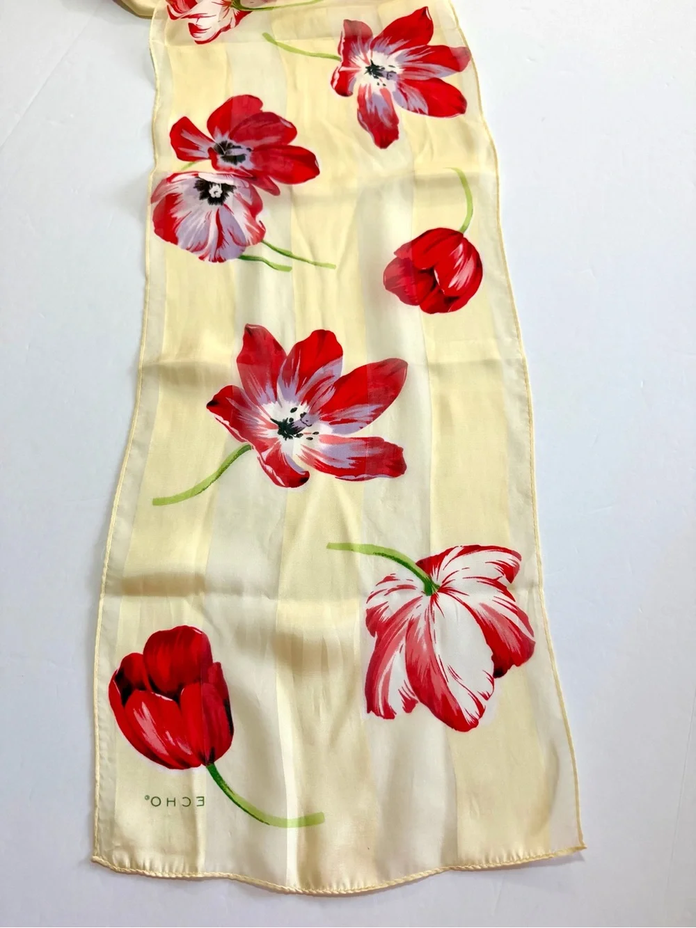 Vintage ECHO Cream Floral Oblong Silk Scarf Red White Tulip Classic Lightweight